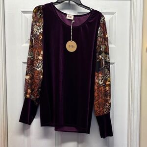 BiBi Women's Deep Purple Velvet Dress with Artistic Sleeves and gold Threads New